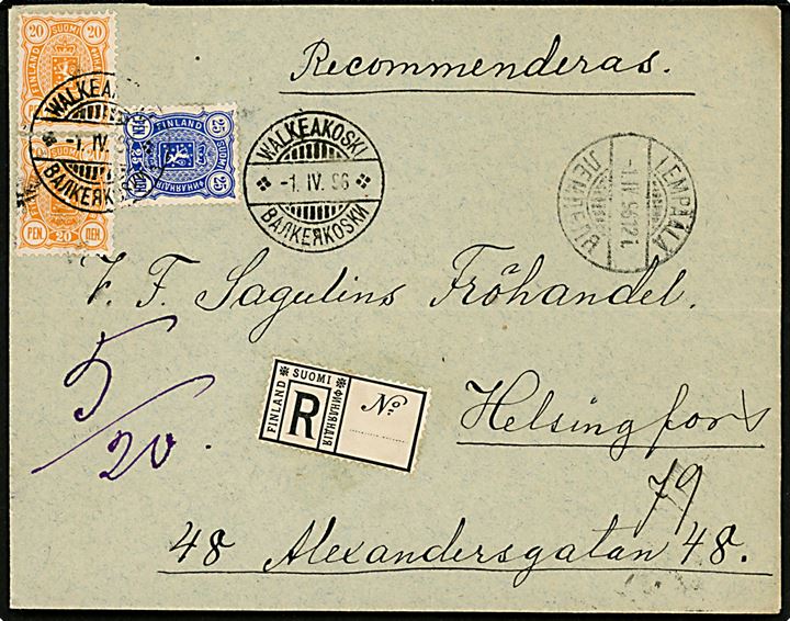 20 pen. (par) og 25 pen. Våben på anbefalet brev annulleret med 2-sproget stempel i Walkeakoski d. 1.4.1896 til Helsingfors.