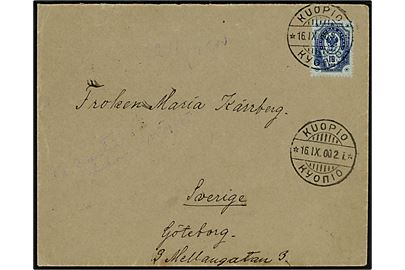 10 kop. Våben med ringe single på brev annulleret med 2-sproget stempel i Kuopio, Finland d. 16.9.1900 til Göteborg, Sverige.