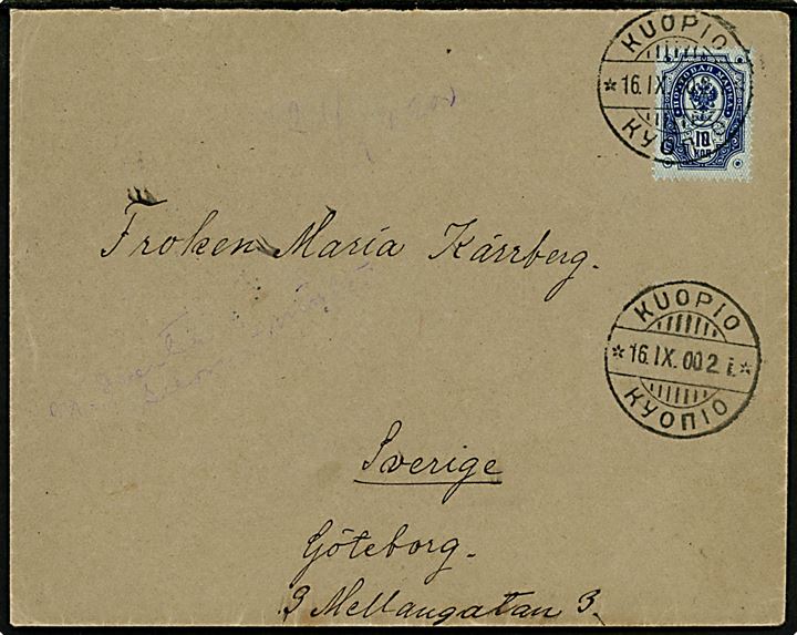10 kop. Våben med ringe single på brev annulleret med 2-sproget stempel i Kuopio, Finland d. 16.9.1900 til Göteborg, Sverige.