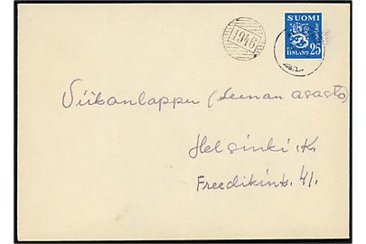 25 mk. Løve udg. på brev annulleret Alastaro d. 27.4.1953 og sidestemplet med nr.stempel 1946 til Helsingfors.