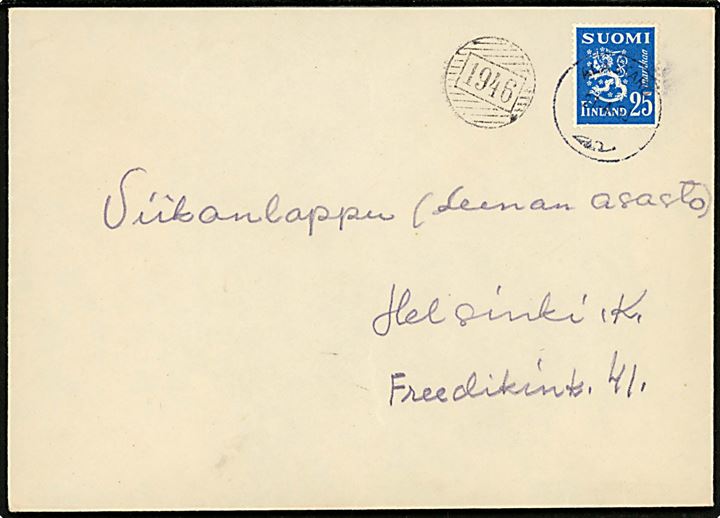 25 mk. Løve udg. på brev annulleret Alastaro d. 27.4.1953 og sidestemplet med nr.stempel 1946 til Helsingfors.