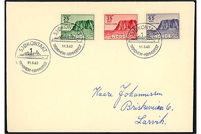 25+10 øre, 35+15 øre og 65+25 øre Nordkapp udg. på filatelistisk brev annulleret Sjøkontakt Trondheim-Hammerfest d. 11.5.1963 til Larvik.