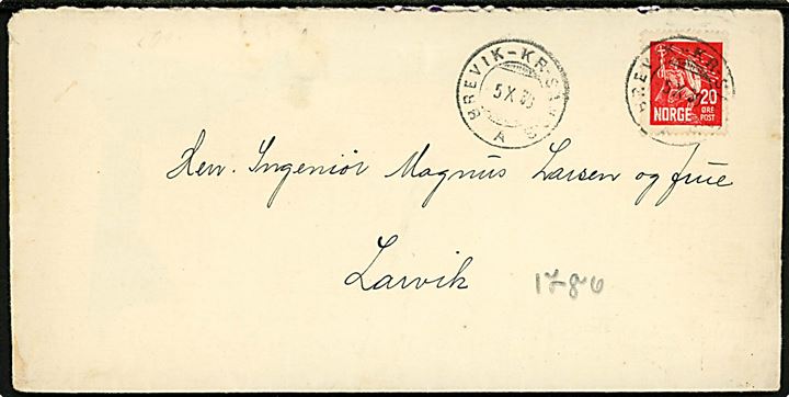 20 øre Olav den Hellige på brev annulleret med sejlende bureaustempel Brevik - Kr.Sand.S A d. 5.10.1930 til Larvik.