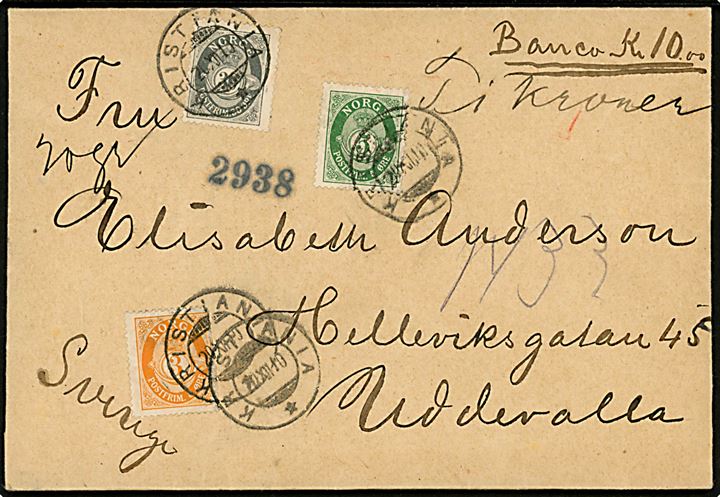 3 øre, 5 øre og 30 øre Posthorn på 38 re frankeret værdibrev fra Kristiania d. 20.12.1910 til Uddevalla, Sverige.