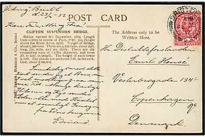 1d George V på brevkort fra skoleskibet Viking i Bristol d. 23.2.1912 til København, Danmark.