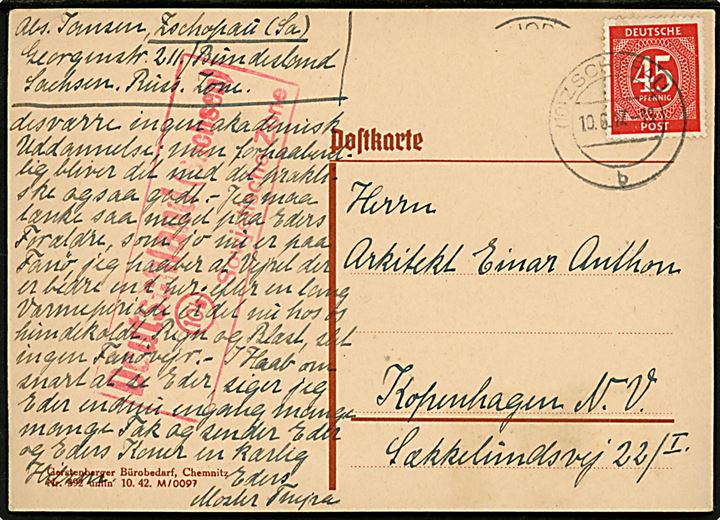 45 pfg. Ciffer single på brevkort fra (10) Zschopau d. 10.6.1947 til København, Danmark. Rødt rammestempel: Deutschland (Sachsen) (10b) Sowjetische Zone.