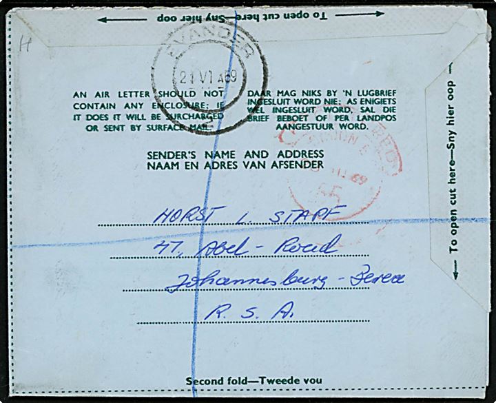 2½d helsags aerogram opfrankeret med 7½c sendt anbefalet fra Evander d. 21.6.1969 via London til Sdr. Strømfjord, Grønland.