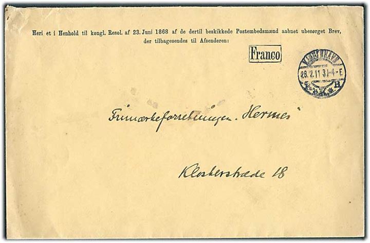 Franco kuvert til ubesørgelige breve sendt lokalt i Kjøbenhavn d. 28.12.1911.