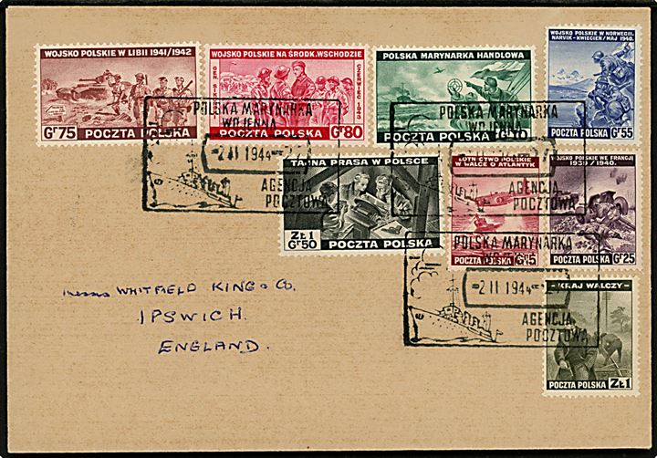 Komplet sæt 2. eksil udg. på brev annulleret med flådepost stempel fra den polske eksilflåde d. 2.2.1944 no. 27 til Ipswich, England.