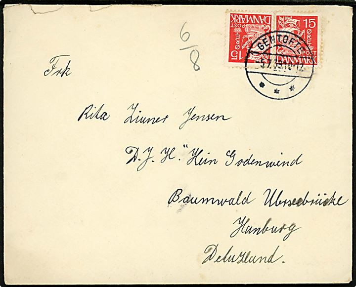 15 øre Karavel (2) på brev fra Gentofte d. 5.7.1939 til kvinde på D.J.H. (= Deutsche Jugend Herberg) Hein Godenwind i Hamburg, Tyskland. Hein Godenwind var fuldskibet Pellworm som i årene 1925-1939 fungerede som flydende ungdomsherberg i Hamburg.