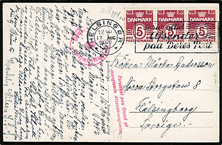 5 øre Bølgelinie i 3-stribe på brevkort fra Helsingør d. 17.8.1942 til Hälsingborg, Sverige. Dansk censur og rødt stempel Forsinket paa Grund af manglende Afsenderangivelse.