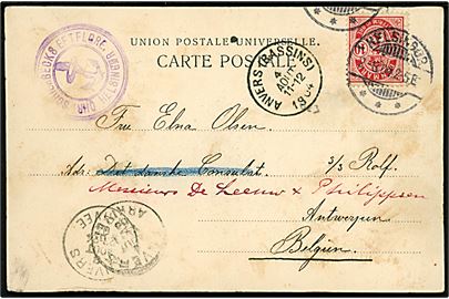 10 øre Våben på finsk brevkort postlagt fra skib under passage af Helsingør d. 2.8.1904 til kvinde ombord på S/S Rolf i Antwerpen, Belgien. Privat stempel fra skibsmægler/agent i Helsingør. 