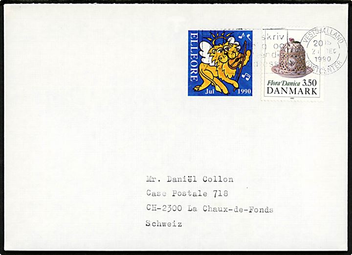 3,50 kr. Flora Danica og Elleore Julemærke 1990 på brev stemplet Vestsjælland Postcenter d. 21.12.1990 til La Chaux-de-Fonds, Schweiz.