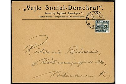 20 øre Genforening på fortrykt kuvert fra Vejle Social-Demokrat stemplet Vejle d. 1.9.1921 til Ritzaus Bureau i København.