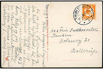 10 øre H. C. Andersen på brevkort annulleret med brotype IIc Vejrs Strand sn2 d. 12.6.1936 til Ballerup. Sommerpostekspedition.