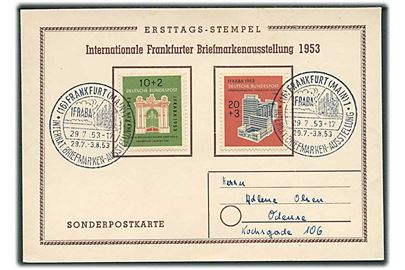 Komplet sæt IFRABA udstillings udg. på FDC-brevkort annulleret med særstempel i Frankfurt d. 29.7.1953 til Odense, Danmark. Michel: FDC = €110.