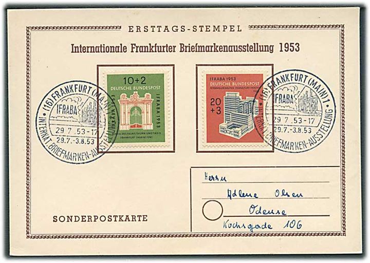 Komplet sæt IFRABA udstillings udg. på FDC-brevkort annulleret med særstempel i Frankfurt d. 29.7.1953 til Odense, Danmark. Michel: FDC = €110.