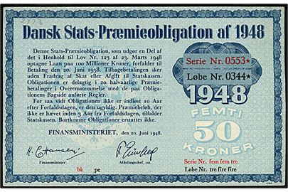 Dansk Stats-Præmieobligation af 1948 på 50 kroner. 