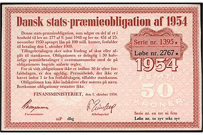 Dansk Stats-Præmieobligation af 1954 på 50 kroner. 