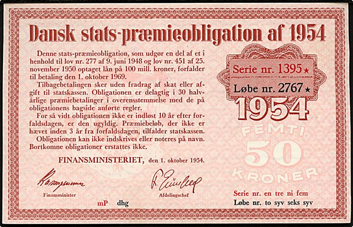 Dansk Stats-Præmieobligation af 1954 på 50 kroner. 