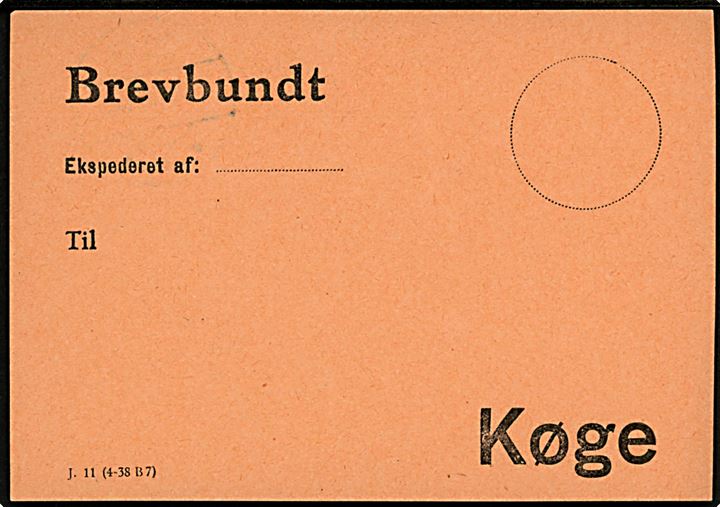 Brevbundt etiket - J.11 (4-38 B7) til Køge brugt fra Mern d. 22.12.1986 til Morgennisserne, Postboks 475, 0888 København V. 