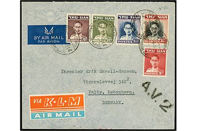 4,80 baht blandingsfrankeret luftpostbrev fra Bangkok d. 16.6.1950 til København, Danmark. Sort stempel: A.V.2.