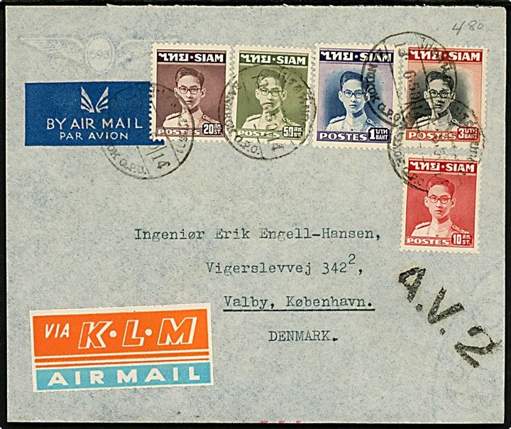 4,80 baht blandingsfrankeret luftpostbrev fra Bangkok d. 16.6.1950 til København, Danmark. Sort stempel: A.V.2.