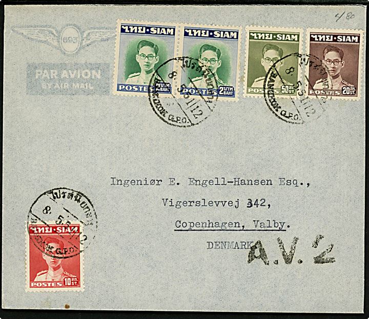 4,80 Baht blandingsfrankeret luftpostbrev fra Bangkok d. 8.5.1951 til København, Danmark. Sort stempel: A.V.2.