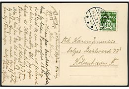 10 øre Bølgelinie på brevkort (Danebod Højskole, Fynshav) annulleret med brotype IIb Fynshav d. 16.8.1927 til København.