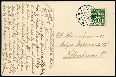 10 øre Bølgelinie på brevkort (Danebod Højskole, Fynshav) annulleret med brotype IIb Fynshav d. 16.8.1927 til København.
