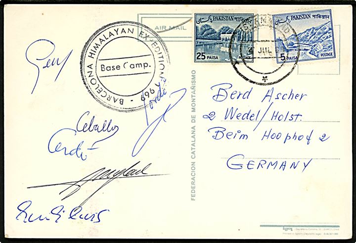 5 pa. og 25 pa. på ekspeditionsbrevkort stemplet Islamabad d. 4.7.1969 og sidestemplet Barcelona Himalayan Expedition / Base Camp til Wedel, Tyskland.