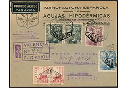 10 cts. Rytter (par), 25 cts., 80 cts. og 1 pta. (par) Franco på anbefalet luftpostbrev fra Valencia d. 26.2.1942 via Barcelona til Biel, Schweiz. Lokal spansk censur fra Valencia.  