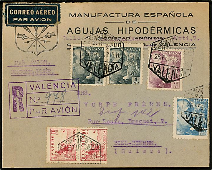 10 cts. Rytter (par), 25 cts., 80 cts. og 1 pta. (par) Franco på anbefalet luftpostbrev fra Valencia d. 26.2.1942 via Barcelona til Biel, Schweiz. Lokal spansk censur fra Valencia.  