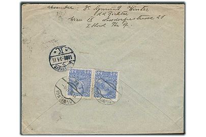 25 h. Franz Joseph i parstykke på bagsiden af anbefalet brev fra Wien d. 31.3.1915 til København, Danmark. Østrigsk censur.