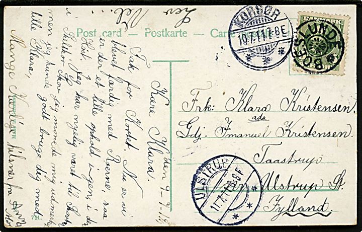5 øre Fr. VIII på brevkort annulleret med bureaustempe BOESLUNDE og sidestemplet Korsør d. 10.7.1911 til Ulstrup.