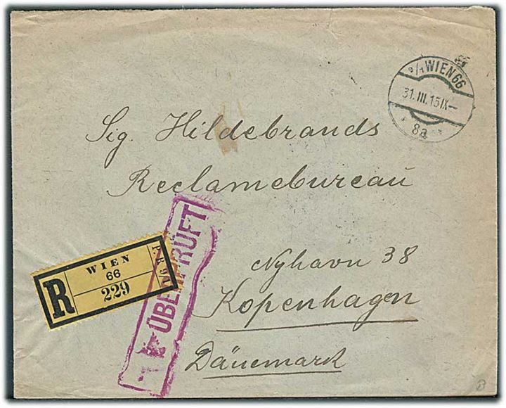 25 h. Franz Joseph i parstykke på bagsiden af anbefalet brev fra Wien d. 31.3.1915 til København, Danmark. Østrigsk censur.