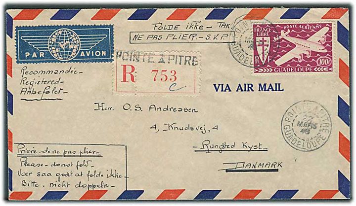 Guadeloupe. 100 f. France Libre single på anbefalet luftpstbrev fra Pointe a Pitre d. 22.3.1946 til Rungsted Kyst, Danmark. 