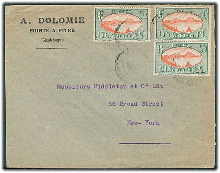 Guadeloupe. 50 c. (3) på brev med utydelig dato fra Pointe-a-Pitre til New York, USA.