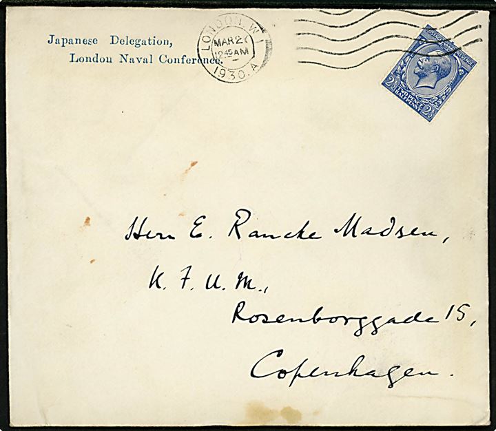 2½d George V single på fortrykt kuvert fra Japanese Delegation London Naval Conference stemplet London d. 20.3.1930 til København, Danmark.