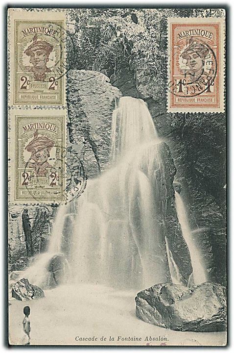 Martinique. 1 c. og 2 c. (2) på billedside af brevkort stemplet Fort de France (utydelig dato) til Detroit, USA. Påskrevet: par S/S Guiana.