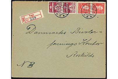 5 øre Bølgelinie og 20 øre Chr. X i parstykker på anbefalet brev annulleret med brotype IIc Tejn d. 12.8.1941 til Roskilde.