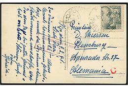 40 cts. Franco på brevkort fra Vigo annulleret med svagt stempel d. 9.2.1941 til Flensburg, Tyskland. Spansk og tysk censur.
