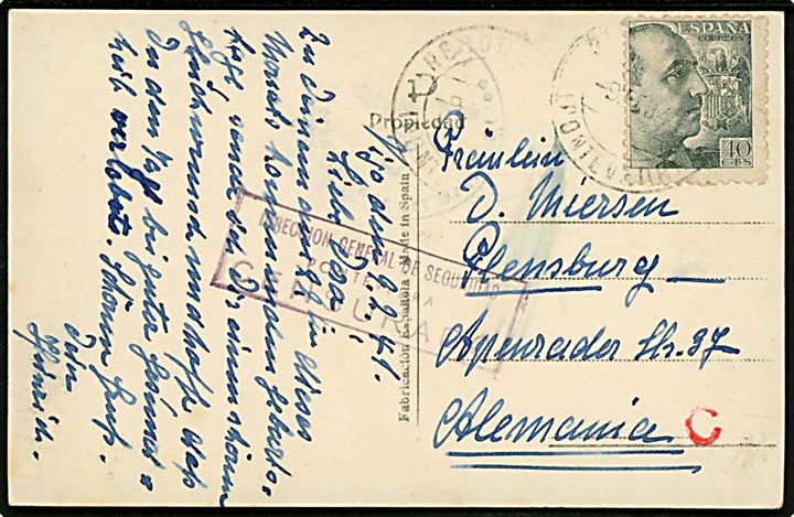 40 cts. Franco på brevkort fra Vigo annulleret med svagt stempel d. 9.2.1941 til Flensburg, Tyskland. Spansk og tysk censur.