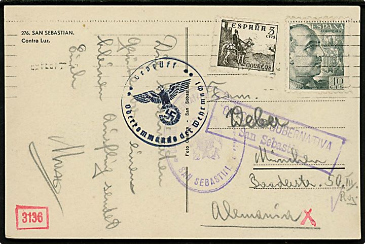 5 cts. Rytter og 40 cts. Franco på brevkort med svagt stempel til München, Tyskland. Spansk censur fra San Sebastian og tysk censur. 