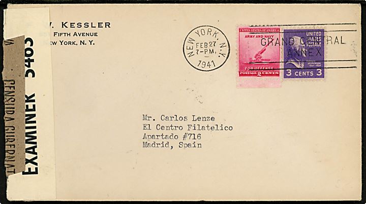 2 cents Defense og 3 cents Jefferson på brev fra New York d. 27.2.1941 til Madrid, Spanien. Åbnet af britisk censur PC90/5465 og spansk censur i Madrid.