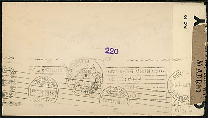 2 cents Defense og 3 cents Jefferson på brev fra New York d. 27.2.1941 til Madrid, Spanien. Åbnet af britisk censur PC90/5465 og spansk censur i Madrid.