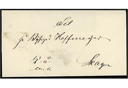 1852. Tjenestebrev mærket K.T.M.A. fra Hjørring Amt med antiqua stempel på bagsiden Hjöring. d. 20.12.1852 til Byfoged Hoffmeyer i Skagen.