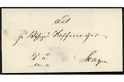 1852. Tjenestebrev mærket K.T.M.A. fra Hjørring Amt med antiqua stempel på bagsiden Hjöring. d. 20.12.1852 til Byfoged Hoffmeyer i Skagen.