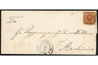 4 sk. stukken kant på brev fra Frederikshavns Communalbestyrelse annulleret med nr.stempel 19 og sidestemplet antiqua Frederikshavn d. 15.9.1863 via Aalborg til Aarhus.
