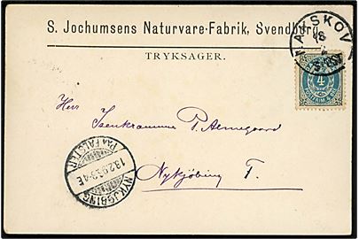 4 øre Tofarvet single på tryksag fra firma S. Jochumsens Naturvare-Fabrik i Svendborg annulleret med lapidar stempel i Nakskov d. 18.2.1896 til Nykøbing F.